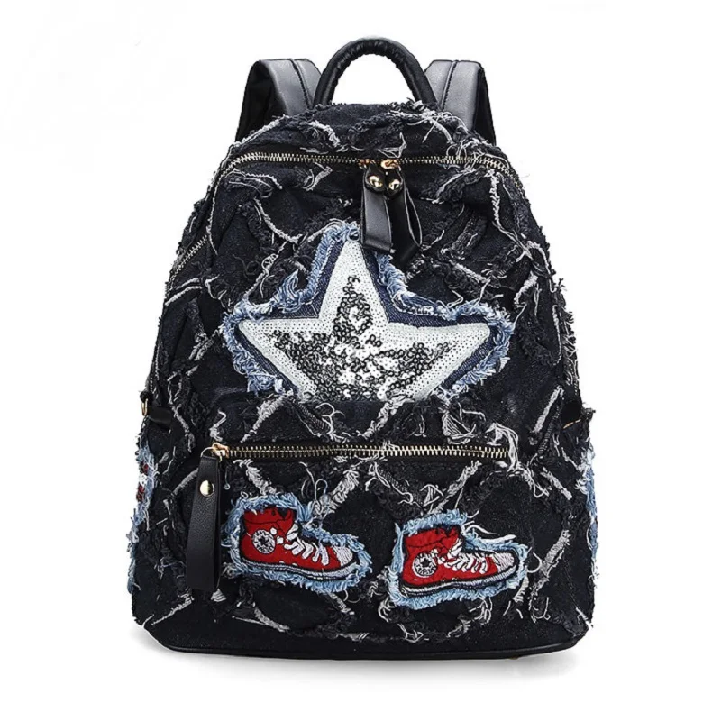 Vintage Casual Preppy Style Appliques Broken Denim Backpack School Bags Jeans Women Daypacks CrossBody bag bolsa