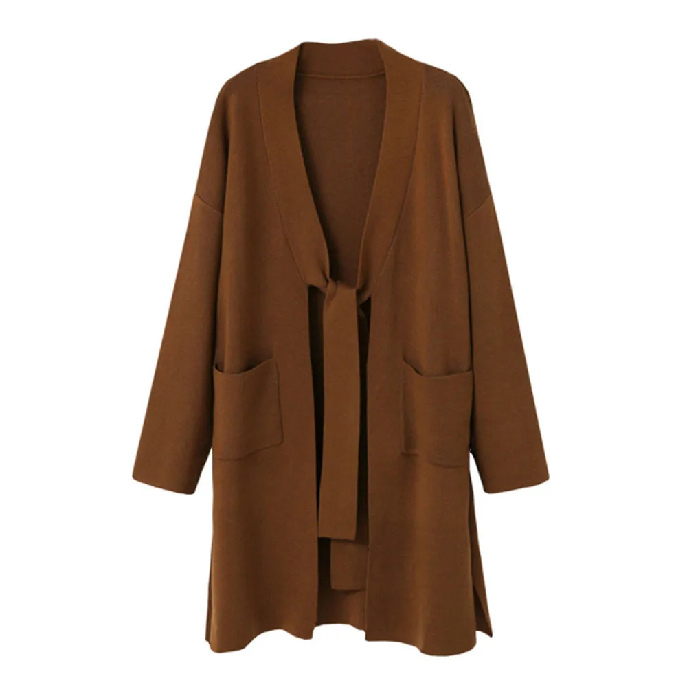 Woman Casual Loose Fit Sash Elastic Long Sleeve Knitted Cardigan Coat Tops With Tie Soft Sweater Fashion Autumn
