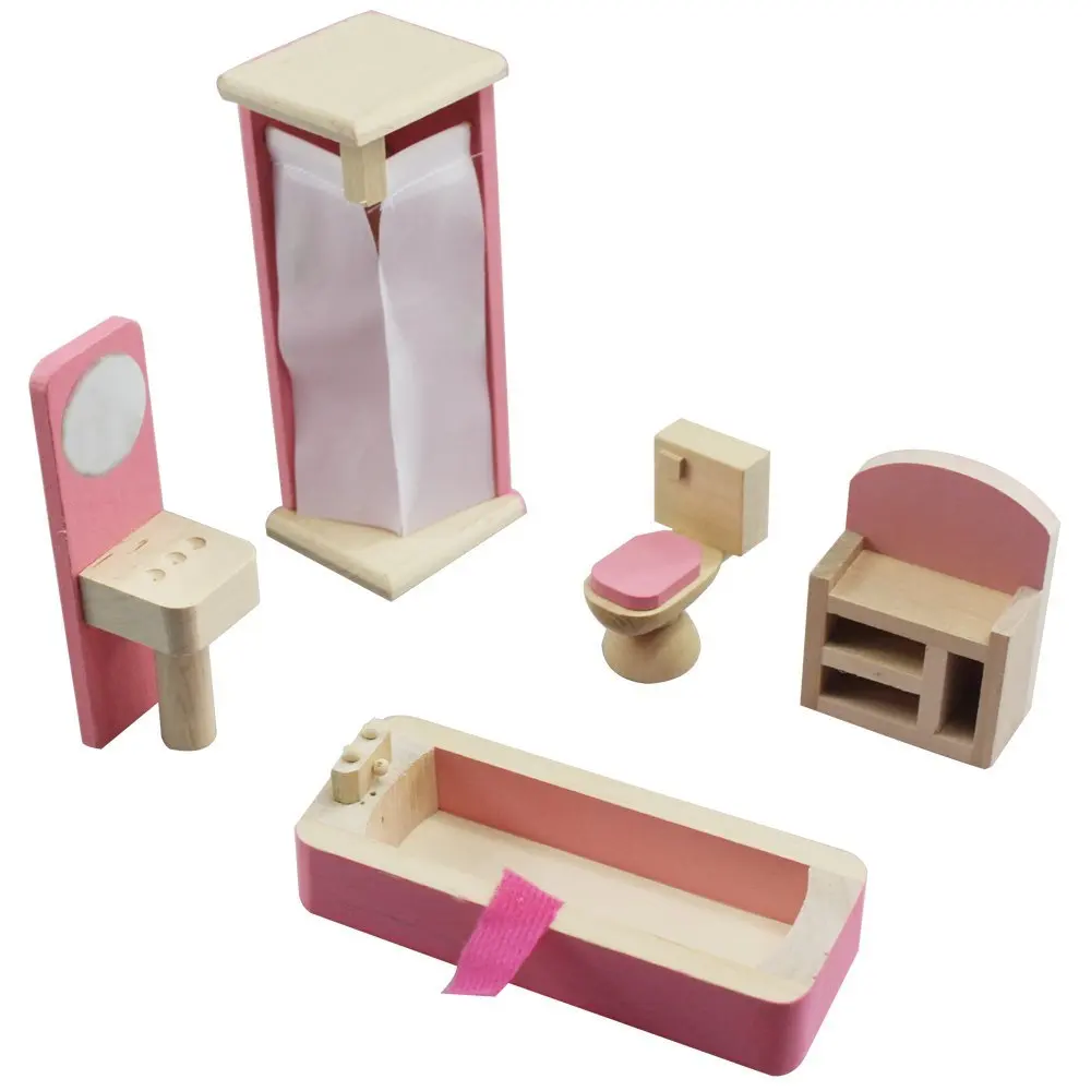  Whole Set 6 Rooms Wooden Doll Furniture with Puppets for Doll House Girls Birthday Gift of Wooden K - 32912584569