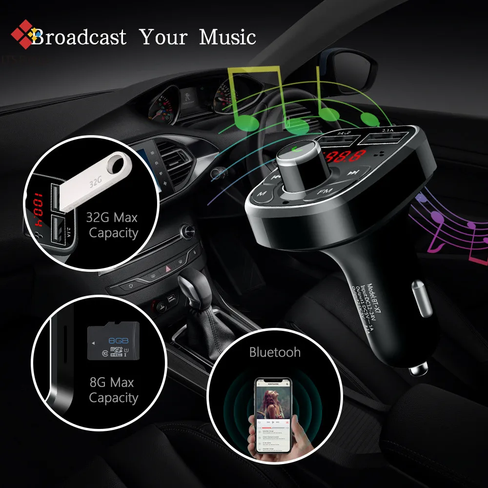 Multi Function Handsfree Bluetooth Car Kit MP3 FM Transmitter Audio Player 2 Dual USB Port Quick Charging Fast Car Phone Charger