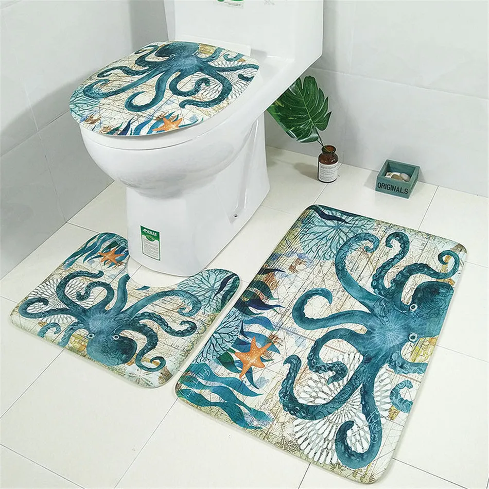 Turtle Octopus 3D Digital Printing Waterproof Polyester Shower Curtain Toilet Mat Four-piece Toilet Intermittent Curtain - Color: Black