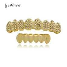 

LuReen Hip Hop Real Gold Plated Rhinestone Iced Out Teeth Grillz Top&Bottom Grills Set Halloween Party Vampire Jewelry LD0053