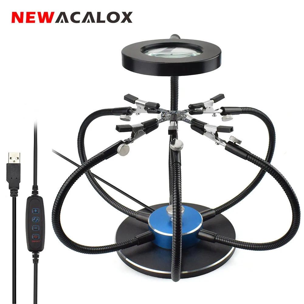 NEWACALOX Soldering Iron Holder USB LED Lights 3X Magnifying Glass 6 pcs Flexible Arms Soldering Station Third Hand Welding Tool
