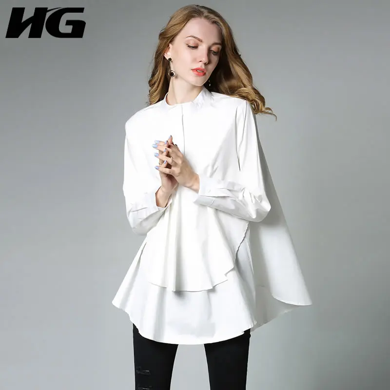 

[HG] Europe Fashion New Women 2019 Spring Casual Full Sleeve Stand Collar Solid Color Female Asymmetrical Pullover Shirt WBB1746