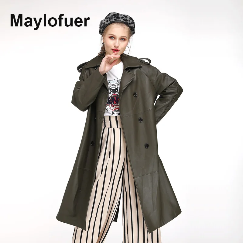 Maylofuer Lady Sheepskin Genuine Leather Jacket Women Real Leather Long Coat with Belt Army Green