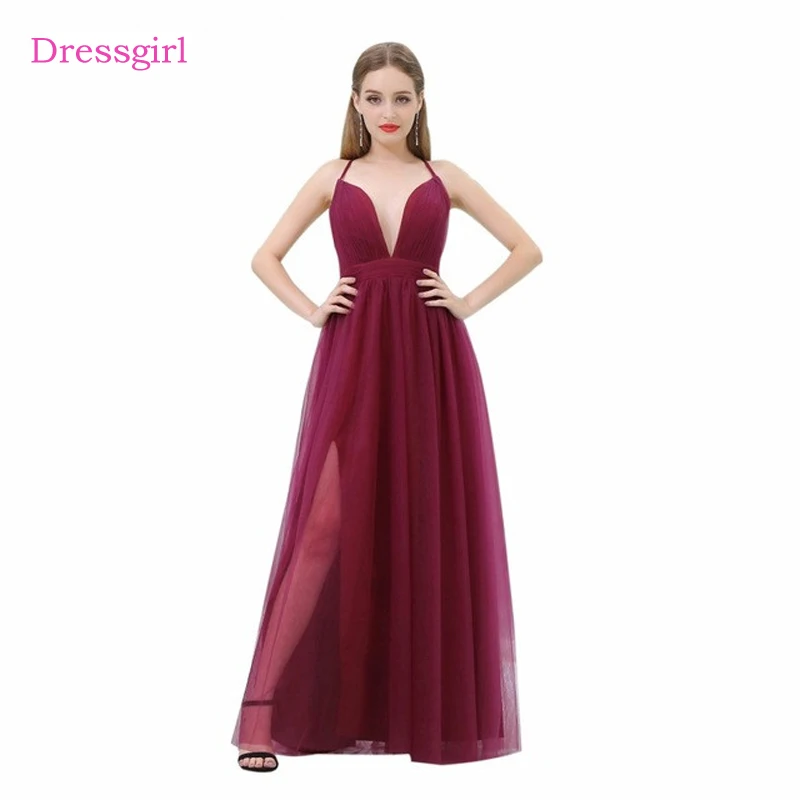Burgundy 2018 Celebrity Dresses A Line Spaghetti Straps Tulle Slit Open Back Sexy Long Evening Dresses