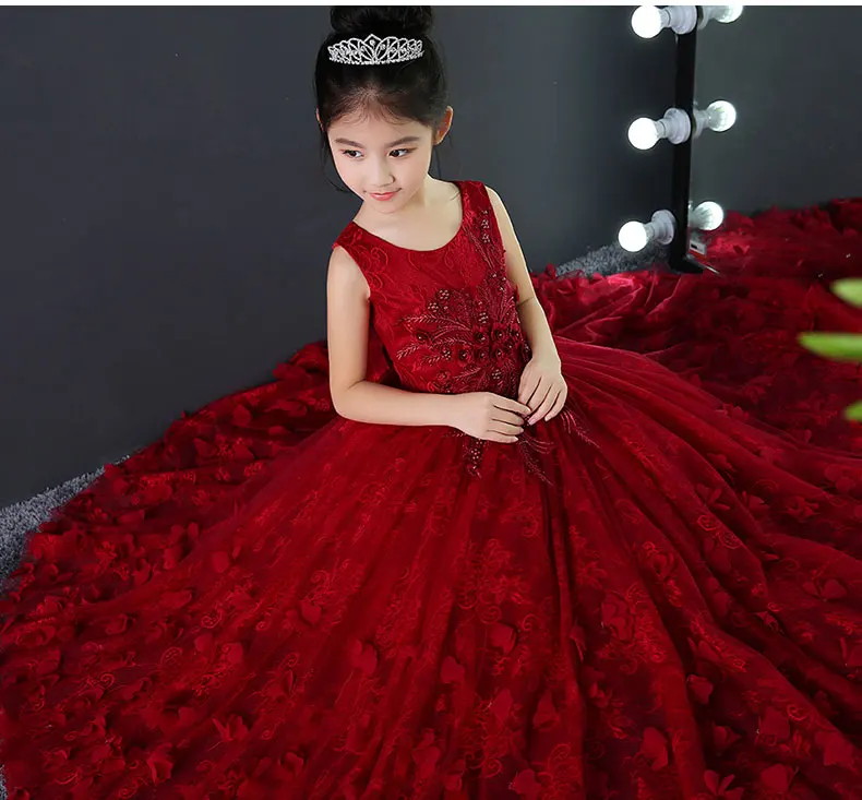 Вечерние платья для причастия принцесса девушки цветы одежда вышивка бисером Детские бальные платья без рукавов день рождения банкет платья F634
