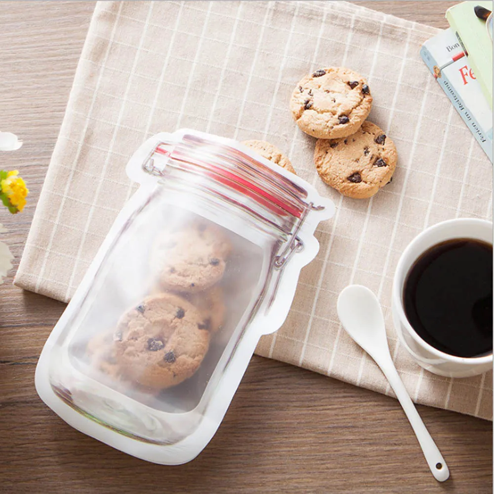

Mason Jar Shaped Food Container Plastic Bag Clear Mason Bottle Modeling Zippers Storage Snacks Plastic Box Wholesale