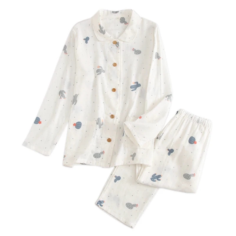 Новые белые марлевые хлопковые Пижамные комплекты, женские летние удобные дышащие пижамы с длинным рукавом, повседневные женские пижамы - Цвет: Белый