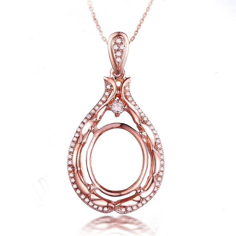 

HELON 12x10mm Oval Cut Semi Mount Pave Natural Diamonds Pendant Solid 10K Rose Gold Fine Jewelry Romantic Party Pendant Women
