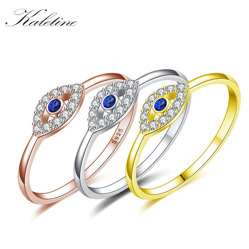 

Kaletine Good Luck Evil Eye Ring Men 925 Sterling Silver Ring Blue CZ Yellow Rose Jewelry Engagement Ring Gifts For Women Bagues