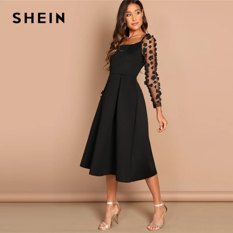 SHEIN Night Out Contrast Mesh Appliques Pleated Square Neck Knee Length Dress Autumn Modern Lady Workwear Women Dresses