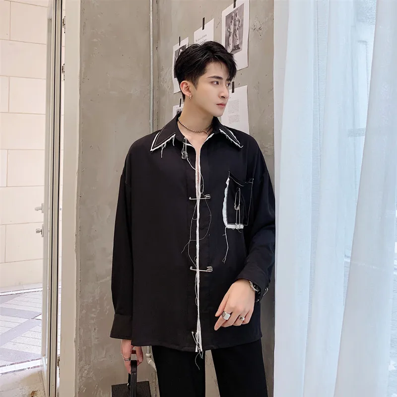 

Men Broken Edge Long Sleeve Casual Shirt Male Streetwear Hip Hop Punk Gothic Vintage Fashion Loose Shirt