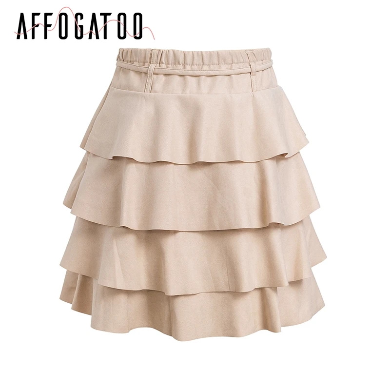 Afogatoo, трапециевидная кожаная замшевая юбка, зима, осенняя юбка с высокой талией и оборками, женская повседневная короткая юбка на молнии с галстуком-бабочкой