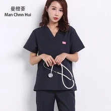 Летняя хирургическая одежда с короткими рукавами для мужчин и женщин, медицинская рабочая одежда, салон красоты, ПЭТ, Спецодежда для врача медсестры, синий костюм