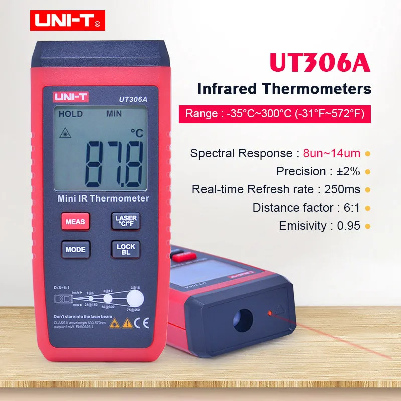 

UNI-T UT306A Mini Infrared Thermometer -35~300C -31~572F Digital IR temperature tester with Data hold & LCD backlight display