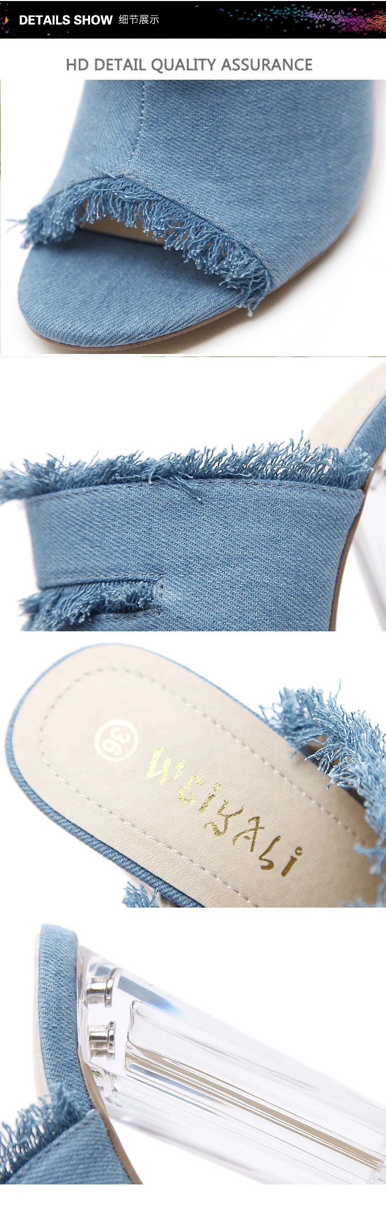 black/blue denim high heels sandals women peep toe crystal heeled slippers cutout fringe jeans gladiator sandalias mujer y919