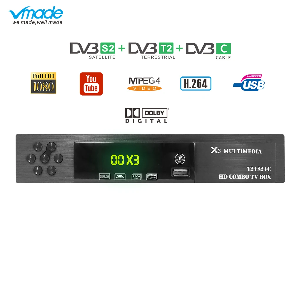 

vamde x3 Full HD DVB-T2 DVB-S2 DVB-C COMBO Receiver Satellite Terrestrial TV Tuner HD1080p H.264 support AC3 Youtube Cccams IPTV
