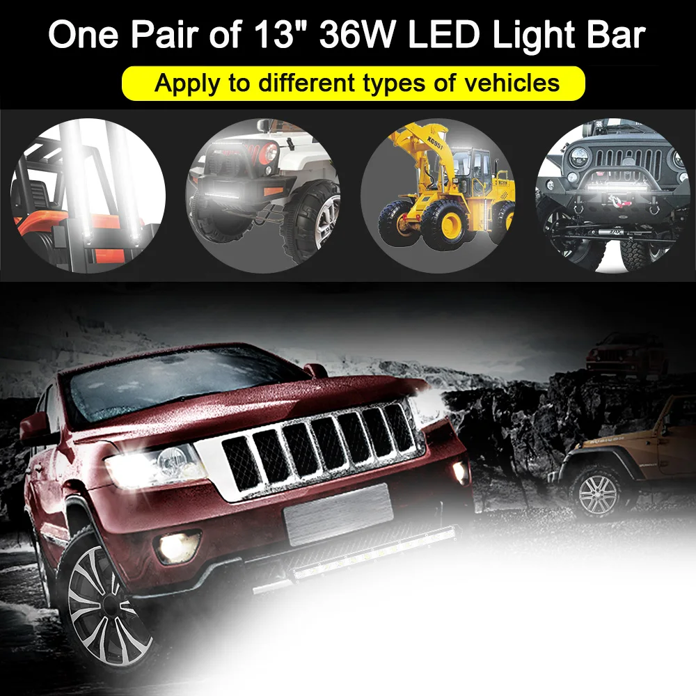 

2Pcs 13" 36W LED Light Bar Slim Work Light Spot Beam Driving Fog Light Road Lighting for Car Truck SUV Boat Marine Jeep