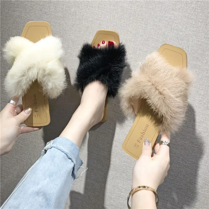 

Flat Slippers Leisure Furry Slides Sliders Female Summer 2019 Outside Modis Leather Ladies Rubber Toe Babouche Casual Raccoon