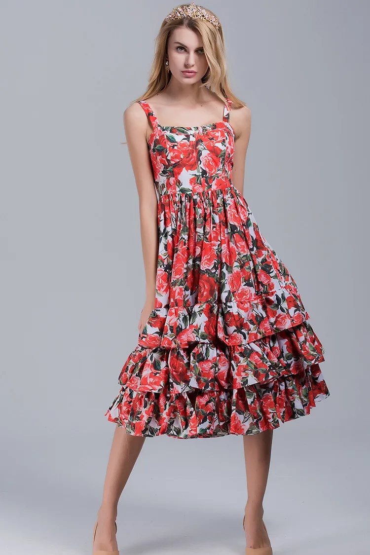 

High quality 2018 summer new fashion red rose print lotus leaf side cascading cake type sexy harness beach style women dress