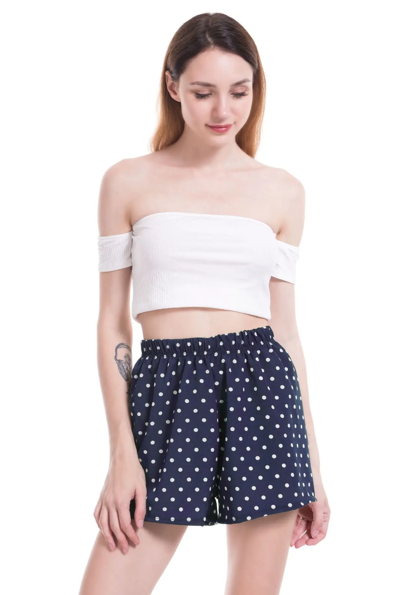 navy blue Повседневные Шорты Для Женщин эластичные женские шорты сексуальные шифоновые в горошек шорты пляжные черные зеленые Pantalones Cortos Chorte Femme - Цвет: navy blue