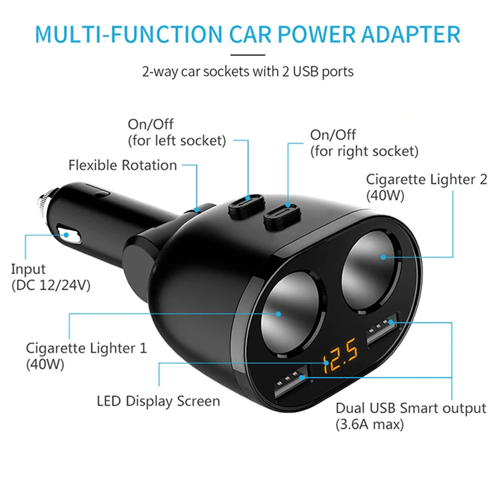 Автомобильное зарядное устройство 5 В 3,6 а с двумя USB разъемами для быстрой зарядки и быстрой зарядки с двойным разветвителем для прикуривателя