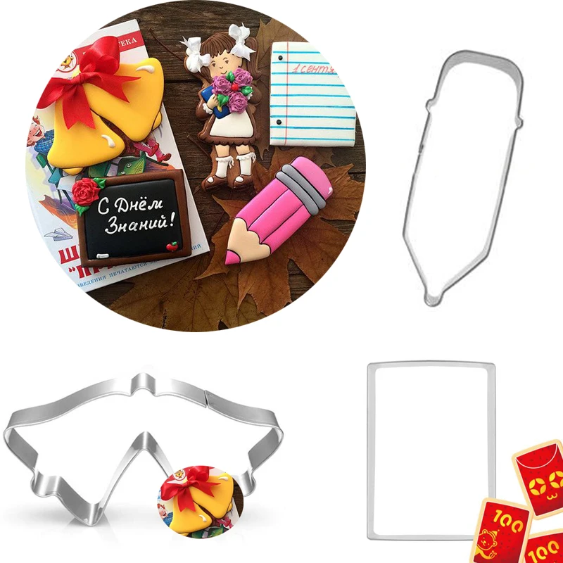 

3pcs patisserie reposteria School Metal Cookie Cutter Blackboard Pen Bell Fondant Cake Decor Tools Chocolate Mould Biscuit Mold