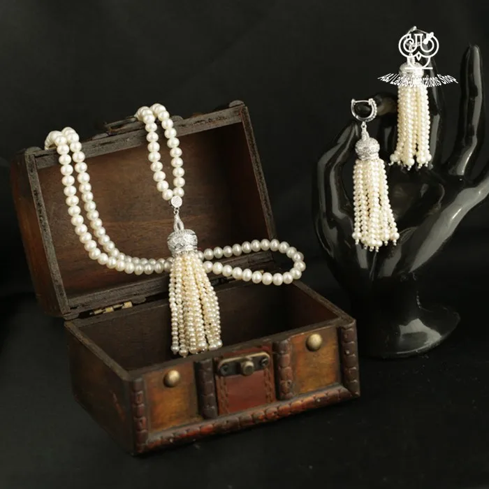 

wholesale AA natural handmade 77cm pearl necklace and 7.5cm tassel pearl earrings sets of jewelry