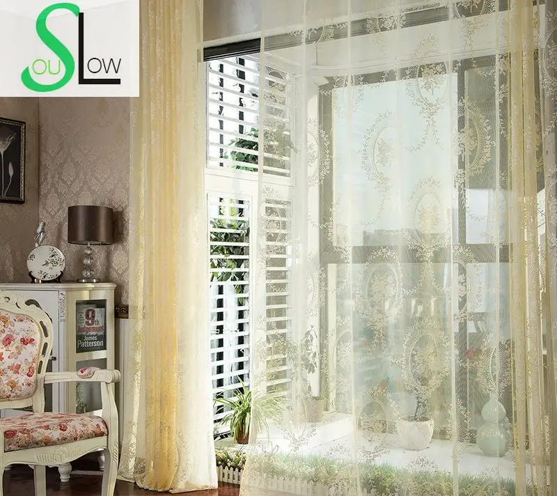 Slow Soul Beige Lotus Fashion Embroidery Double Curtain European Floral Curtains Tulle For Living Room Bedroom Blinds Sheer