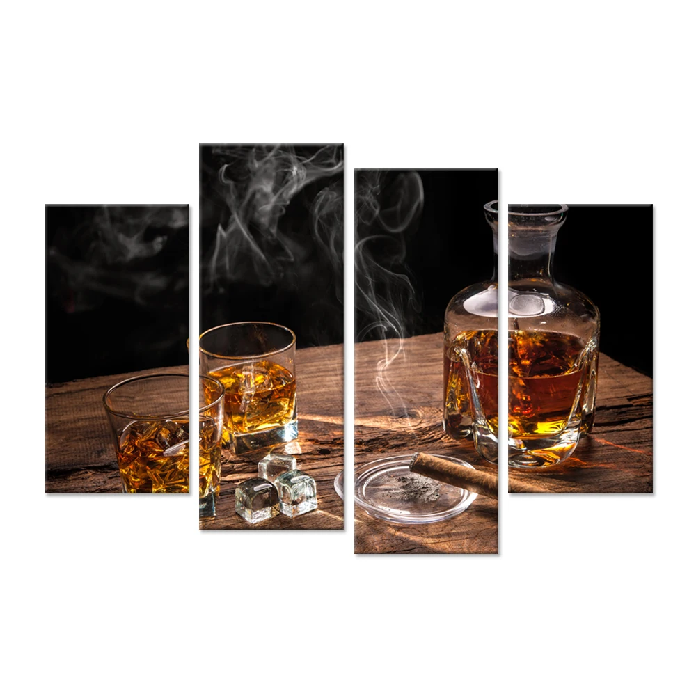 Home Decor Canvas Wall Art 4 Panels Giclee Prints Glass of Whiskey With