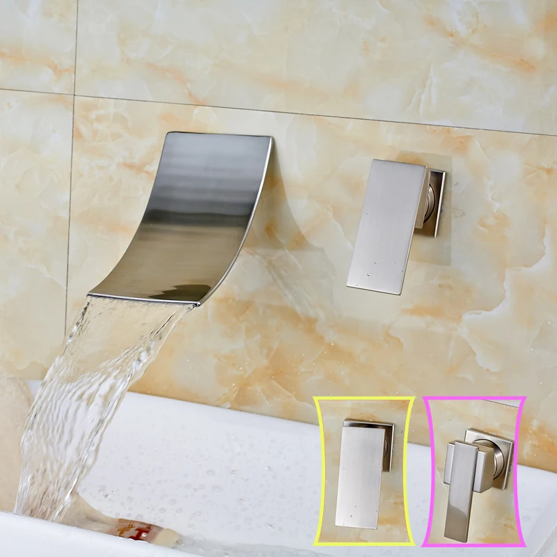 

Luxury Wall Mounted Waterfall Spout Bathroom Faucet Single Lever Brushed Nickel Basin Sink Mixer Faucet Tap