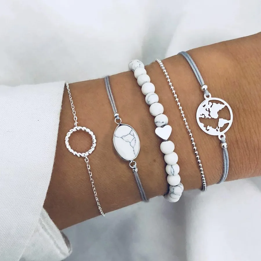 

DIEZI Bohemian White Beads Bracelets Sets For Women Fashion Rope Chain Ocean Map Round Bracelets Bangles Jewelry Gifts