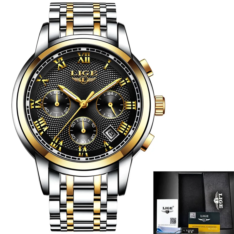 Новые LIGE часы мужские роскошные брендовые Хронограф Мужские спортивные часы водонепроницаемые полностью Стальные кварцевые мужские часы Relogio Masculino+ коробка - Цвет: gold black steel