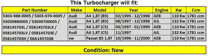 Сбалансированный K03-0005 Турбокомпрессор 《 Volkswagen Passat B5 1,8 т АЕБ 150HP Турбокомпрессор 5303 988 0005 058145703LV 058145703E 058145703H