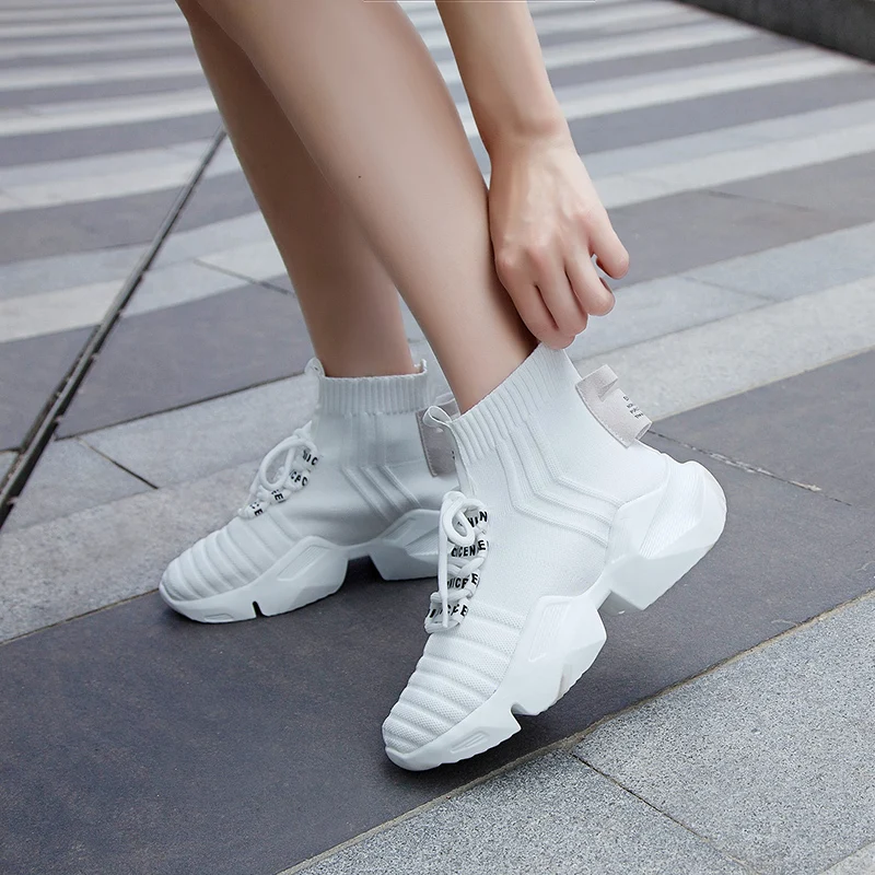 

2019 Spring New Sock Boots Air Mesh Platform Casual Ankle Boots Breathable Comfortable Cross-tied Sneakers White Sneakers