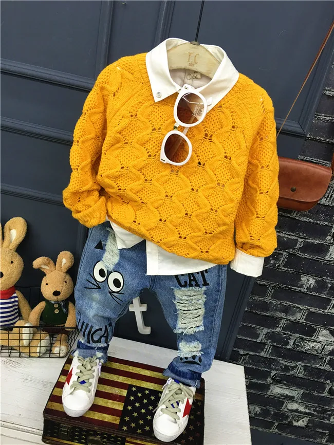 

Hot sell Autumn winter Fashion Boys Clothing Sets Knit sweater + shirt + jeans Suits 3pcs Children Clothes Kids 2-6years