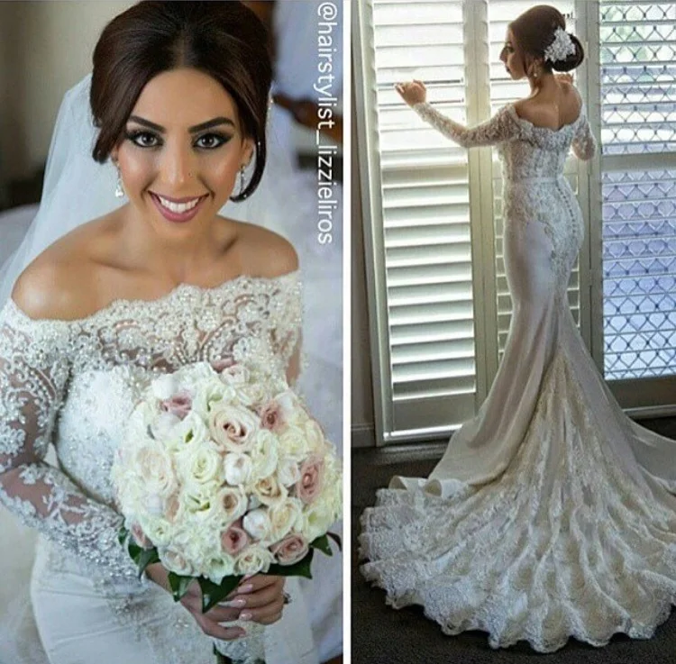

Elegant Mermaid Boat Neck Wedding Gowns Long Sleeve Off the shoulder Bridal Dresses With Beading Embroidery