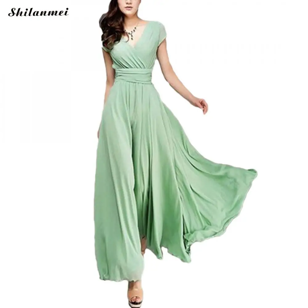 

Fit and Flare Solid Dress Women Summer 2018 Sexy Deep V Beach Dress Boho Maxi vestidos verano Green Ladies Party Dresses