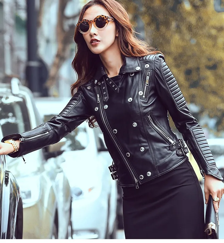 Модная куртка из натуральной кожи, женская черная овчина, Женская облегающая мотоциклетная кожаная куртка, Женская куртка из натуральной кожи