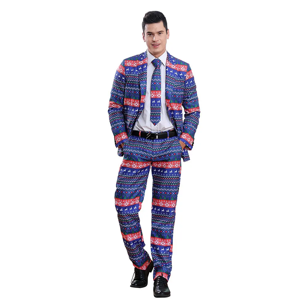 Рождественские костюмы Санта-Клаус Косплей Костюм мужской Рождество Slim Fit Модные синие полосатые костюмы Брюки смокинг для свадебной вечеринки