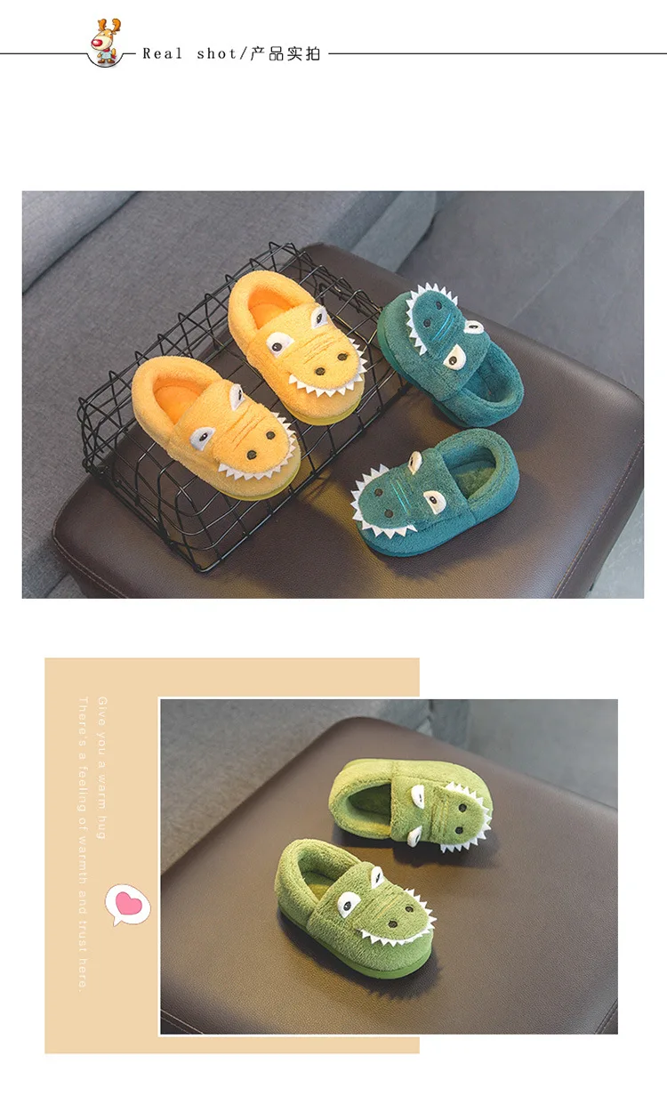 Детские тапочки с динозаврами; зимняя теплая Домашняя обувь для спальни и ванной; меховые тапочки для мальчиков и девочек; плюшевая обувь для малышей