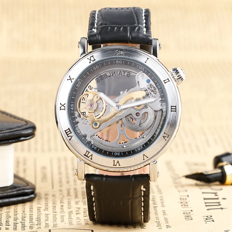 

Modern Black Hollow Dial Men Mechanical Wristwatc Genuine Leather Band Automatic Self-Wind Round Fashion Male Clock Best Gift