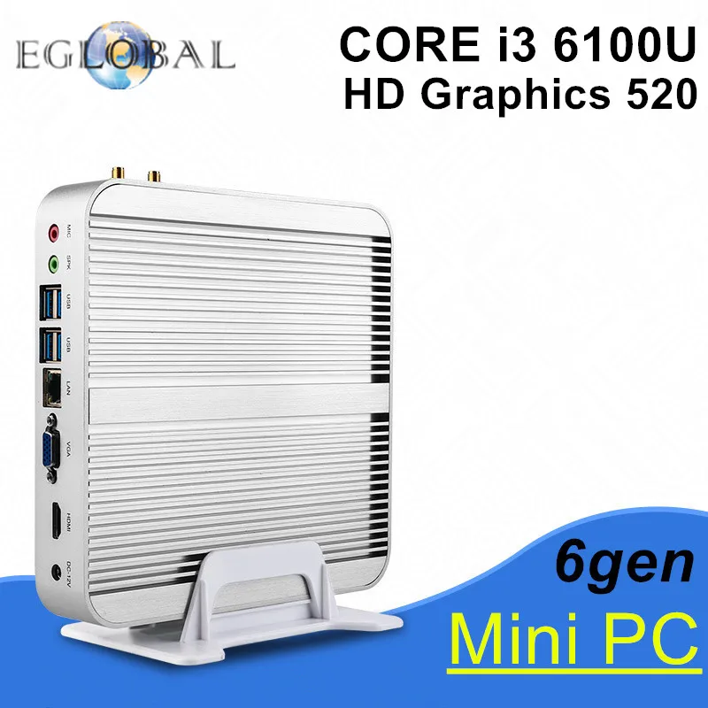  6GEN Fanless Mini Pc Intel CPU Core I3 6100U Barebone 4GB 8GB 16GB RAM +SSD HDD Mini Pc Windows 10 Desktop computer VGA HDMI 