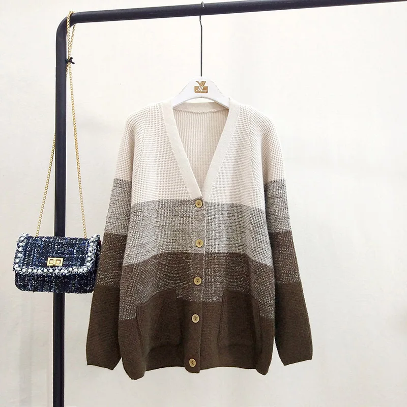 New! 2019 Korean Cardigan Female Harajuku Student Sweater long sleeves Autumn and Winter Stripes Coat D227