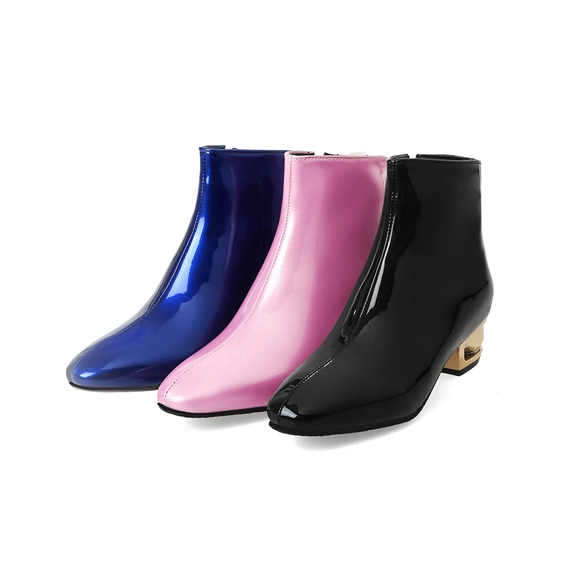 JK/женские ботильоны на необычном каблуке размера плюс 33-48; обувь из лакированной искусственной кожи на молнии с квадратным носком; женские ботинки на резиновой подошве; женская обувь; коллекция года; сезон зима