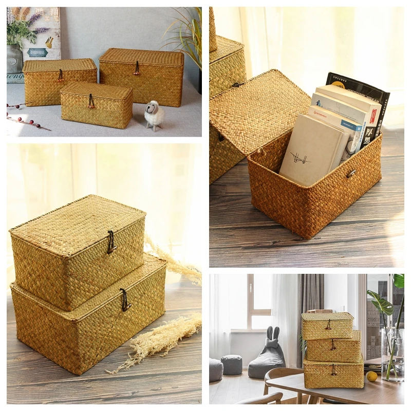 Kaufen WHISM Handgemachte Stroh Woven Lagerung Korb mit Deckel Make Up Organizer Lagerung Box Seegras Wäsche Körbe Rattan Schmuck Box