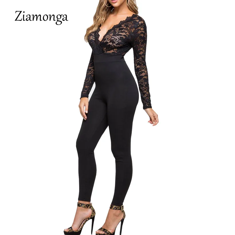 Ziamonga кружевной лоскутный комбинезон для женщин глубокий v-образный вырез с длинным рукавом женский комбинезон элегантные тонкие длинные штаны комбинезон женские Комбинезоны