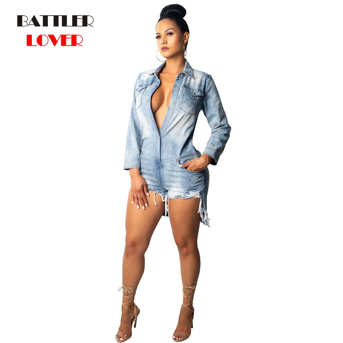 2019 Fashion Women Jeans Bodysuit Long Sleeve Turn Down Collar Denim Playsuits Ladies Cotton Short Jeans Rompers Womens Jumpsuit