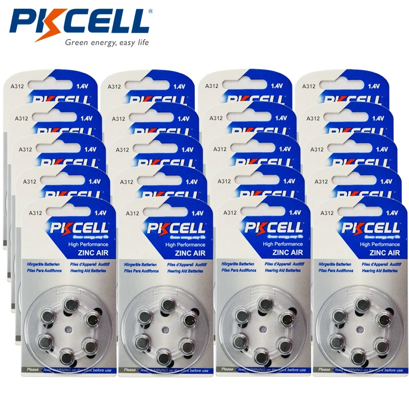 

120pcs PKCELL Hearing Aid Batteries A312 312A ZA312 312 PR41 S312 Zinc Air 312/A312 6pcs/Blister*20cards